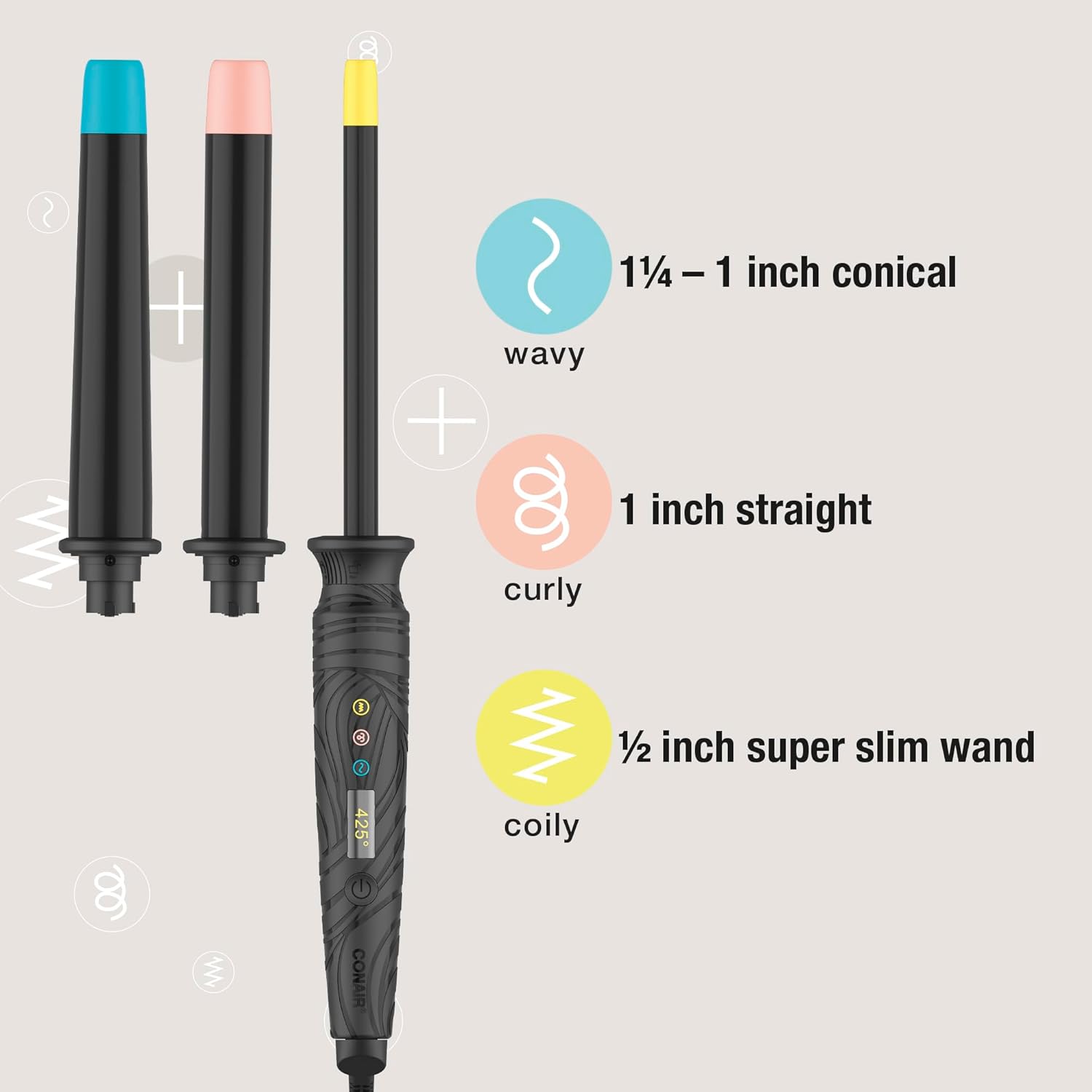 Conair The Curl Collective 3-in-1 Ceramic Curling Wand, 3 Interchangeable Barrels Designed to Create a Specific Curl Pattern - 1/2