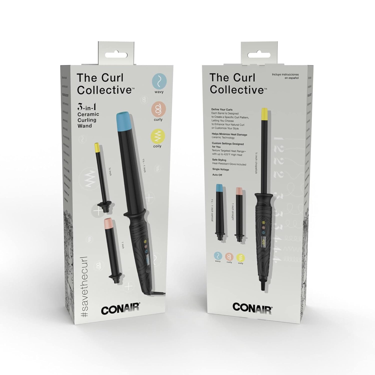Conair The Curl Collective 3-in-1 Ceramic Curling Wand, 3 Interchangeable Barrels Designed to Create a Specific Curl Pattern - 1/2