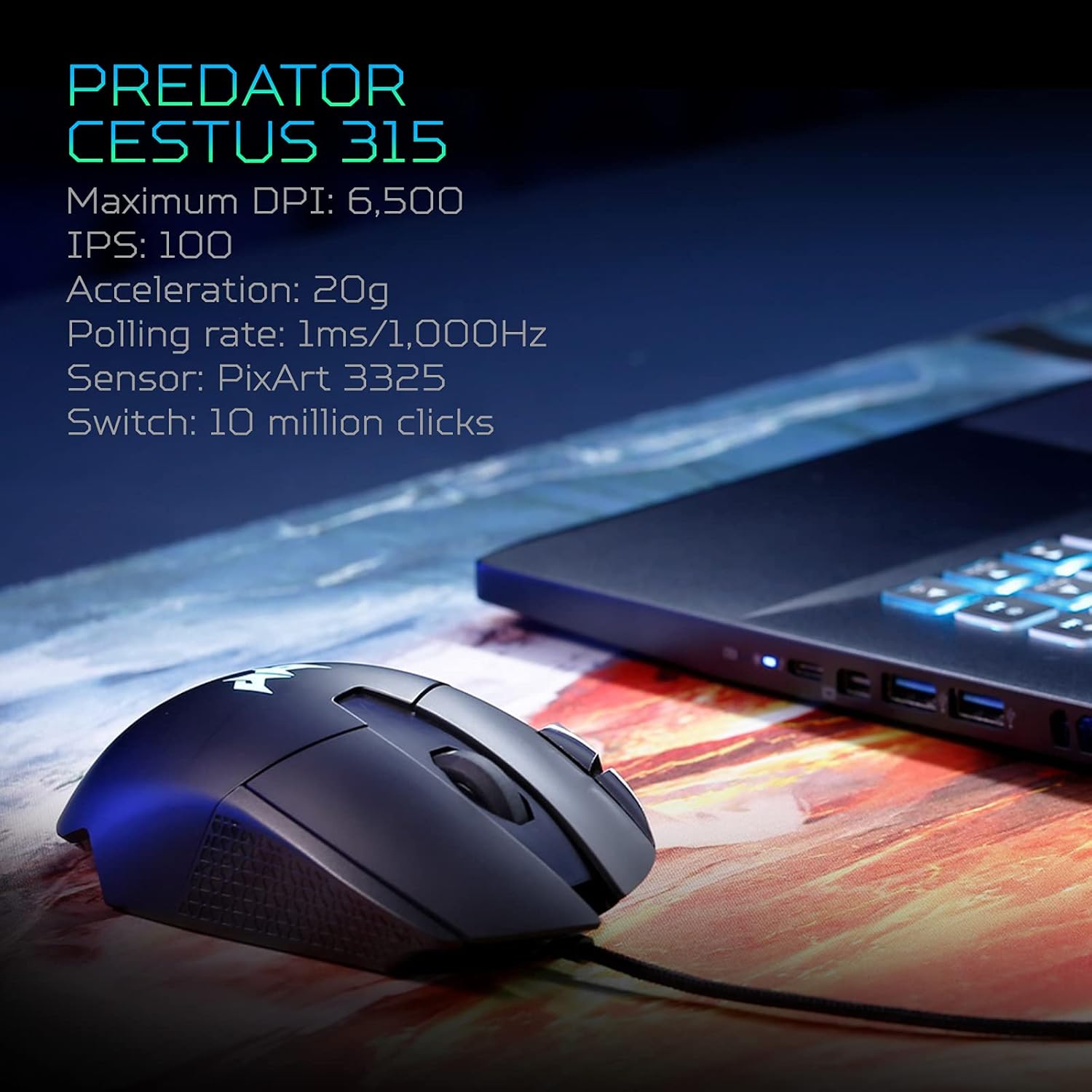 acer Predator Cestus 315 Gaming Mouse with PixArt Sensor, Adjustable DPI & 8 Buttons Including Burst Fire, (Pack of 1)