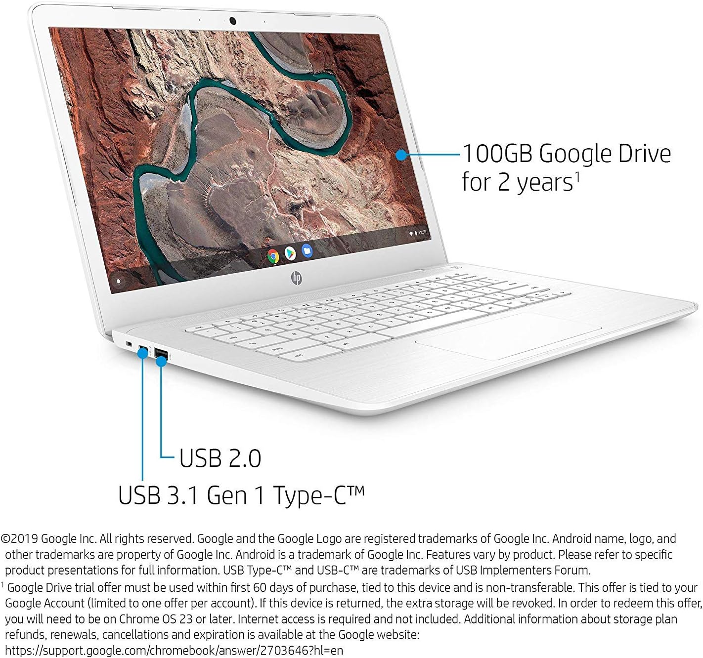 HP Chromebook 14-inch Laptop with 180-Degree Hinge, AMD Dual-Core A4-9120 Processor, 4 GB SDRAM, 32 GB eMMC Storage, Chrome OS (14-db0030nr, Snow White)